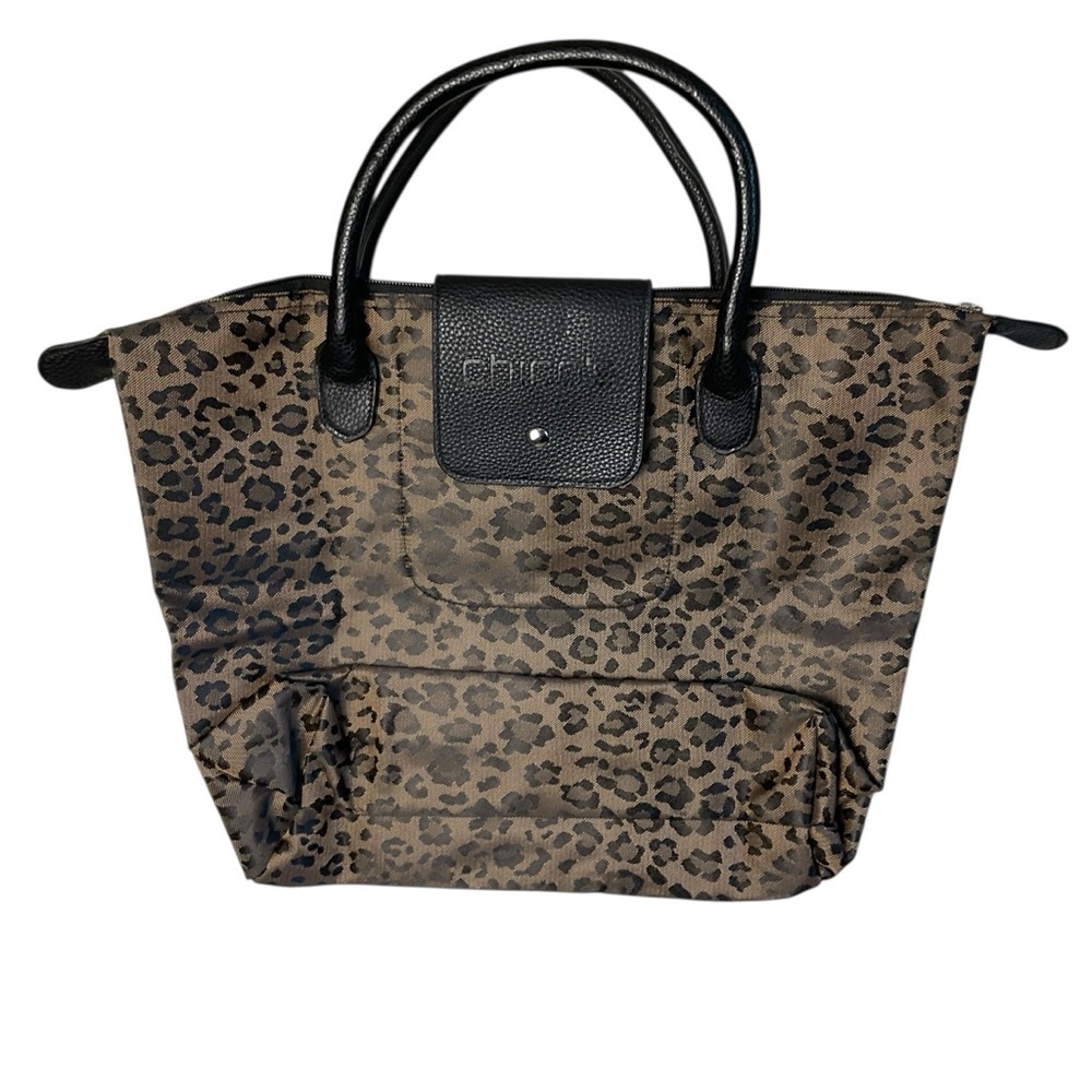 Leopard Print Foldable Tote Bag with Black Leather Trim — Chic Carryall - Picture 2 of 11
